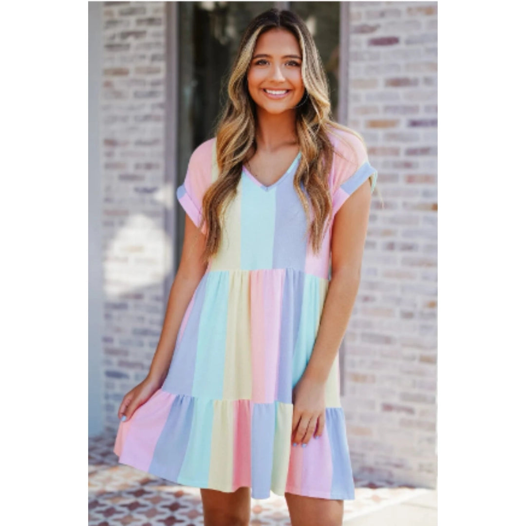 Fudus-Block V-Neck Sommerkleid - Lässiges, Fließendes Pastell Streetwear