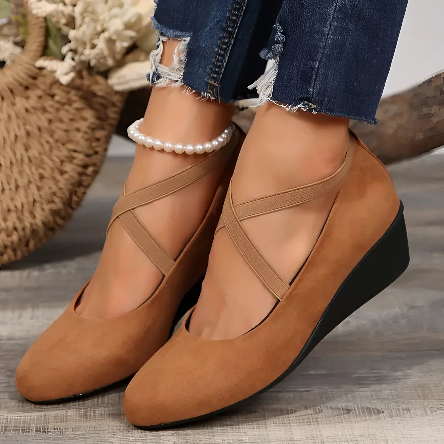Fudus-Cross Strap Brown Suede Wedge Flats | Women's Casual Shoes