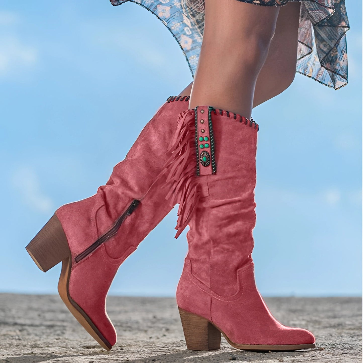 Damen Knöchelhohe Braune Wildleder Cowboy-Stiefel Fransen