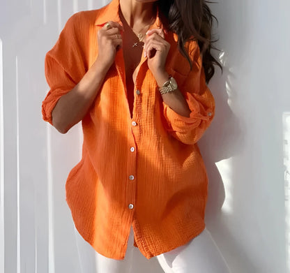 Damen orange Leinenbluse mit Knopfleiste