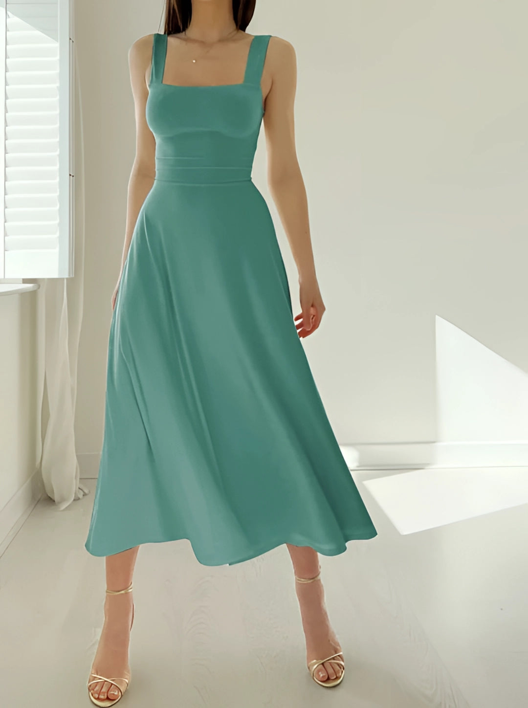 Damen Teal Midi Kleid Mit Quadrat Ausschnitt Und A Linien Design