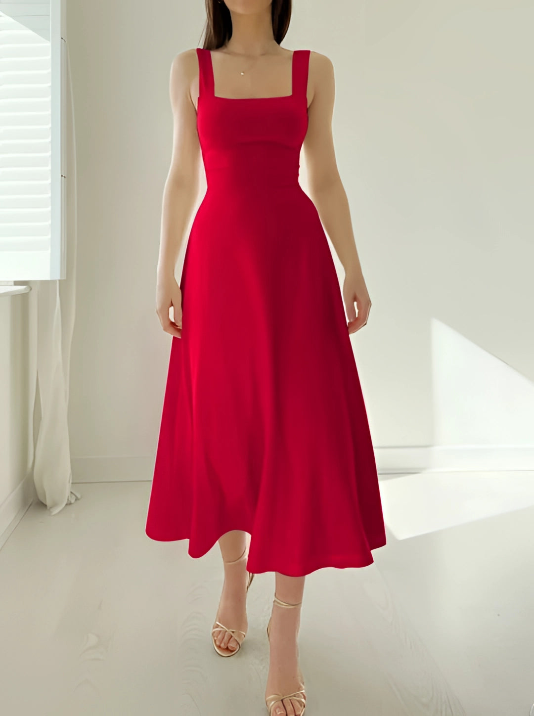 Damen Teal Midi Kleid Mit Quadrat Ausschnitt Und A Linien Design