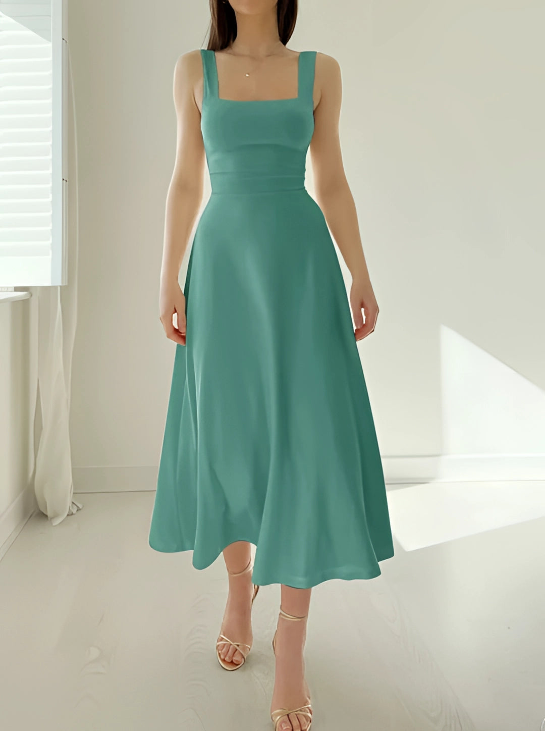 Damen Teal Midi Kleid Mit Quadrat Ausschnitt Und A Linien Design