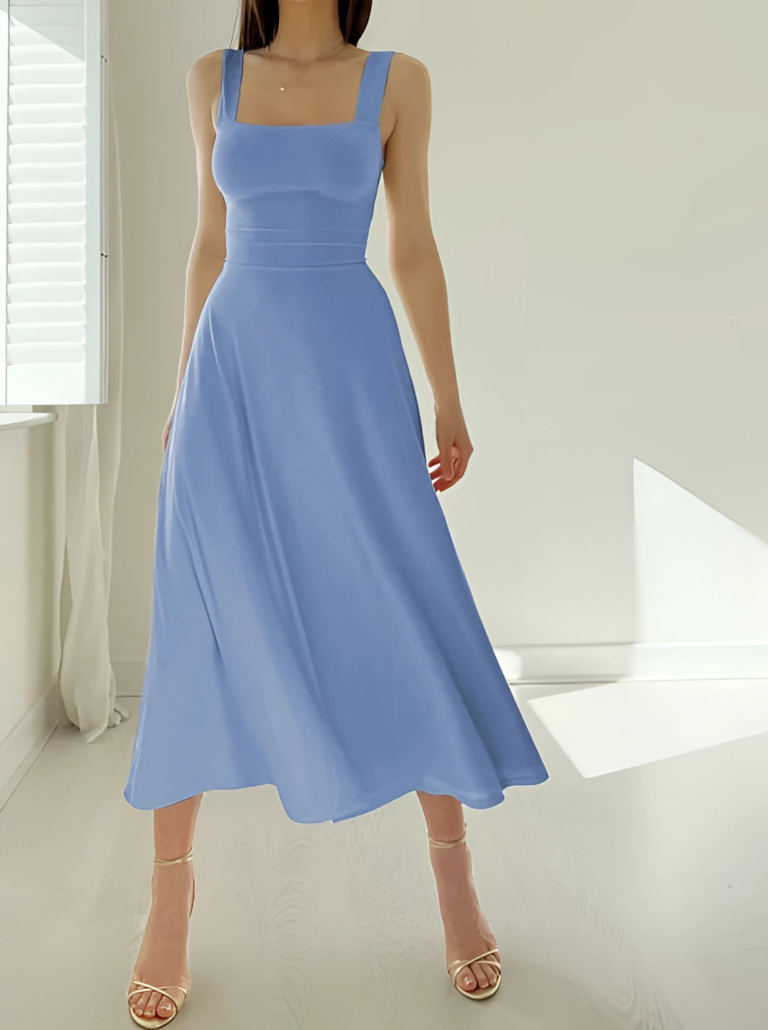 Damen Teal Midi Kleid Mit Quadrat Ausschnitt Und A Linien Design