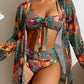 Damen Bikini Set Tropischer Druck Hohe Taille Langarm Cover-Up