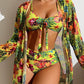 Damen Bikini Set Tropischer Druck Hohe Taille Langarm Cover-Up