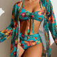 Damen Bikini Set Tropischer Druck Hohe Taille Langarm Cover-Up