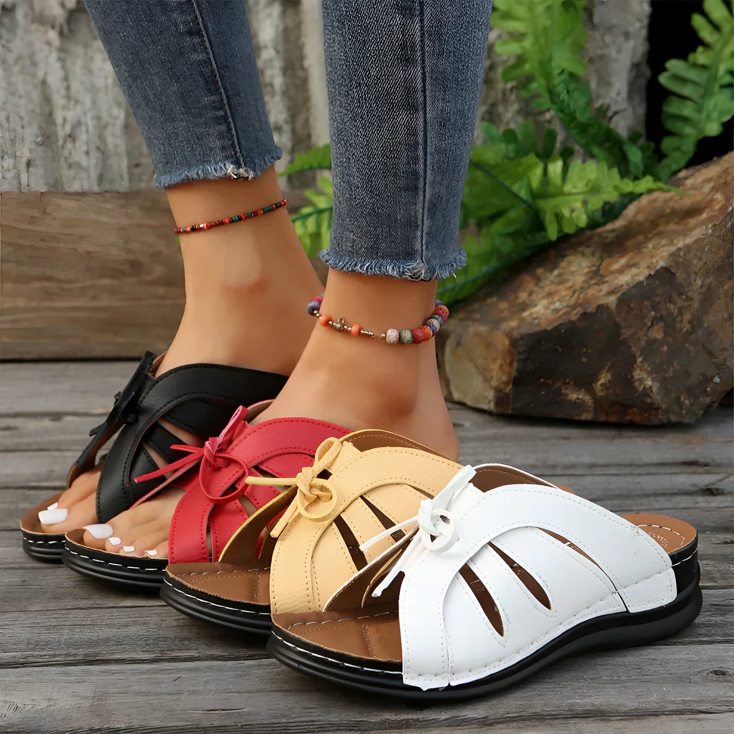 Damen Leder Sandalen Flache Sommerschuhe