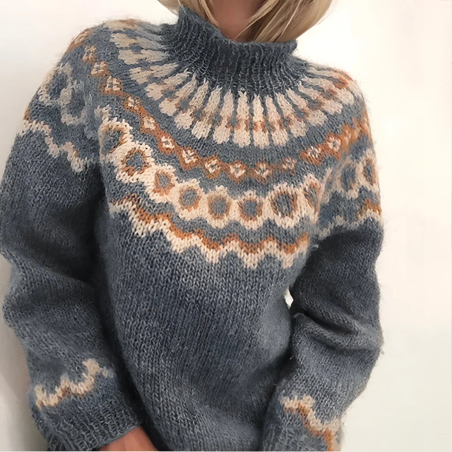 Fudus Herrenpullover - Wollpullover Fair Isle Kragen Grauer Winterpullover