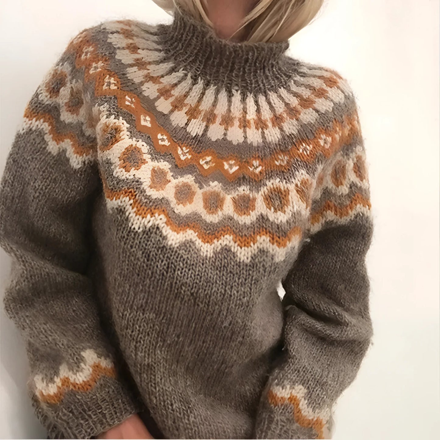 Fudus Herrenpullover - Wollpullover Fair Isle Kragen Grauer Winterpullover