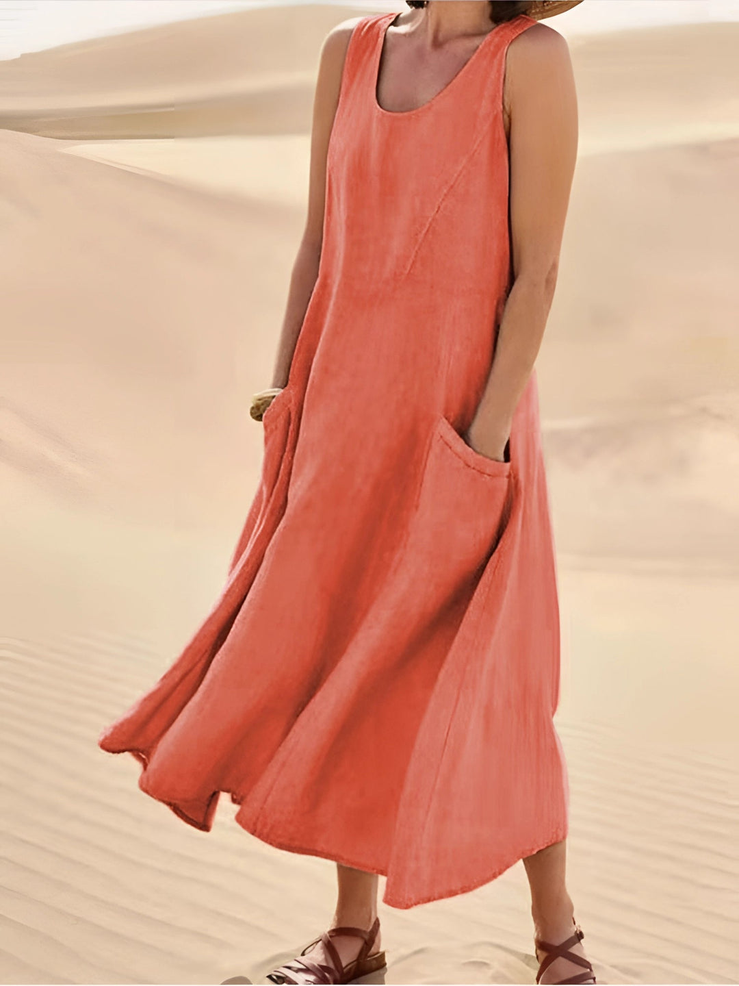 Damen Leinen Ärmelloses Kleid mit Taschen