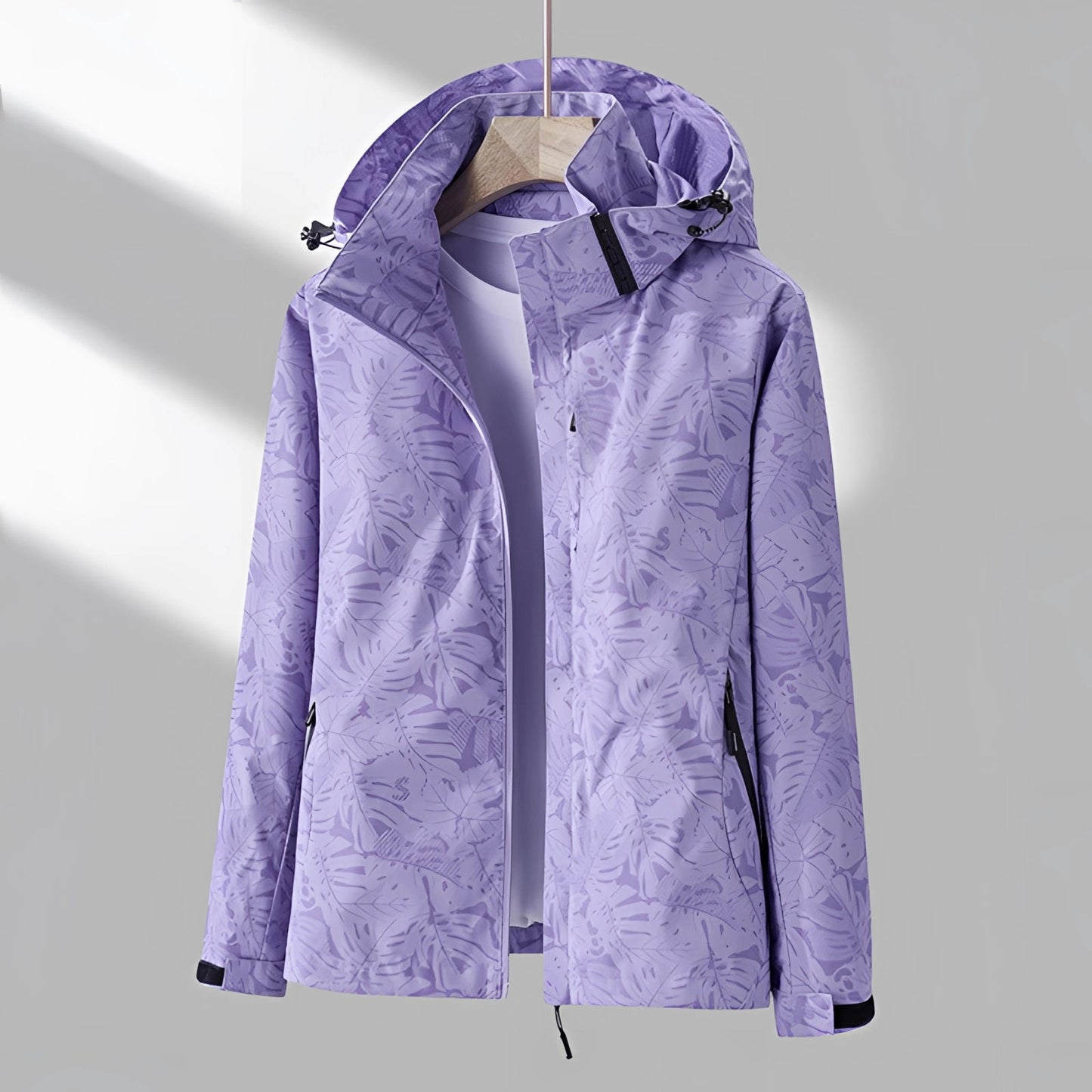 Damen Wasserdichte Leichte Windjacke Mit Tropenblattmuster Und Kapuze