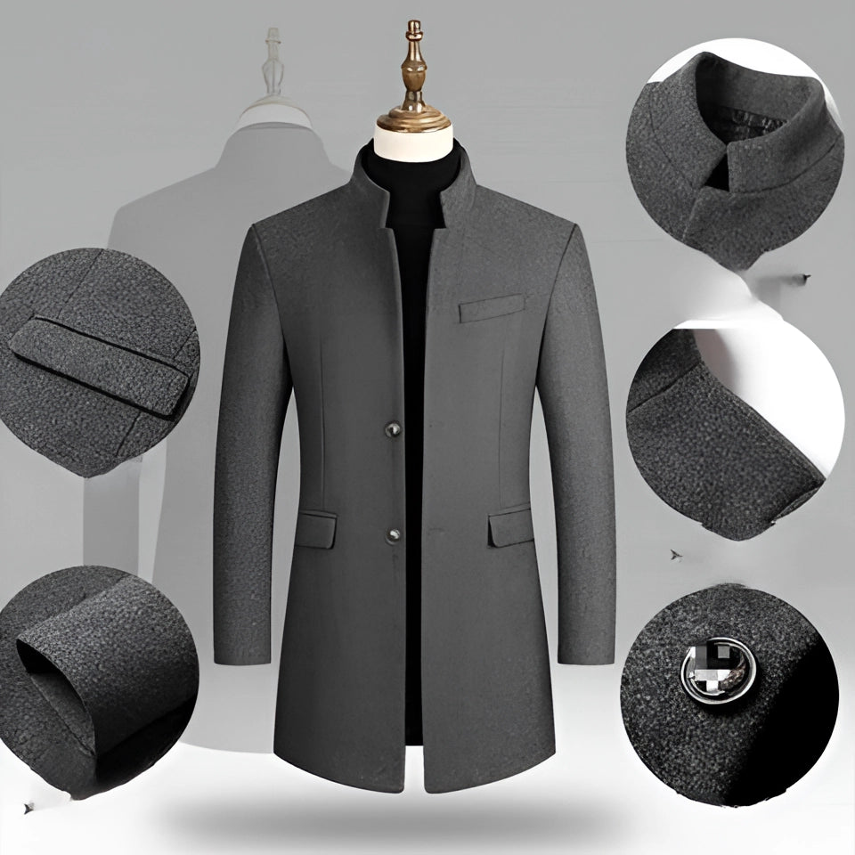 Herren Wollmantel Grau Designer Wintermantel Mit Schal Und Stehkragen