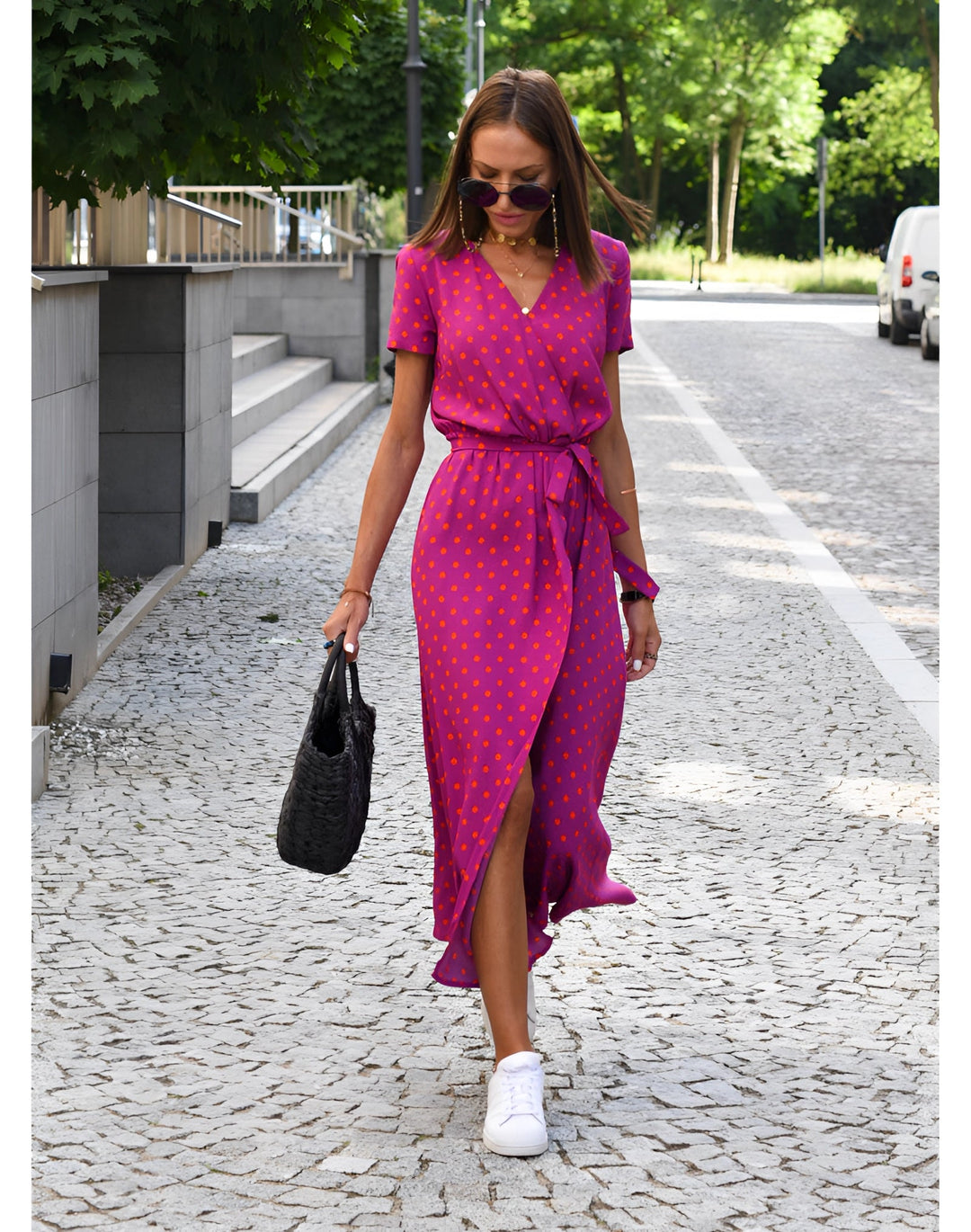 Damen Floral Wrap Dress Leicht Tropisches Sommerkleid V-Ausschnitt