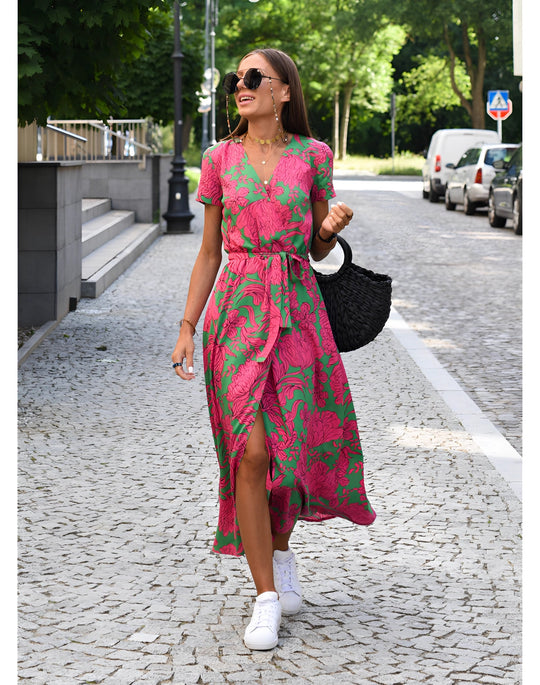 Damen Floral Wrap Dress Leicht Tropisches Sommerkleid V-Ausschnitt