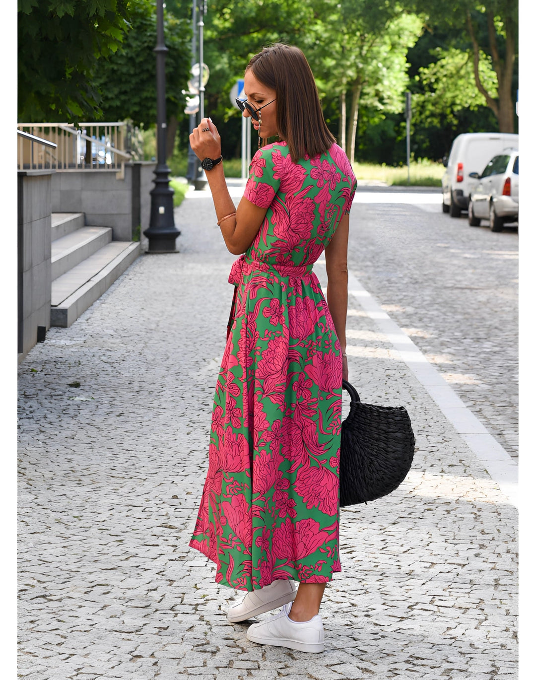 Damen Floral Wrap Dress Leicht Tropisches Sommerkleid V-Ausschnitt