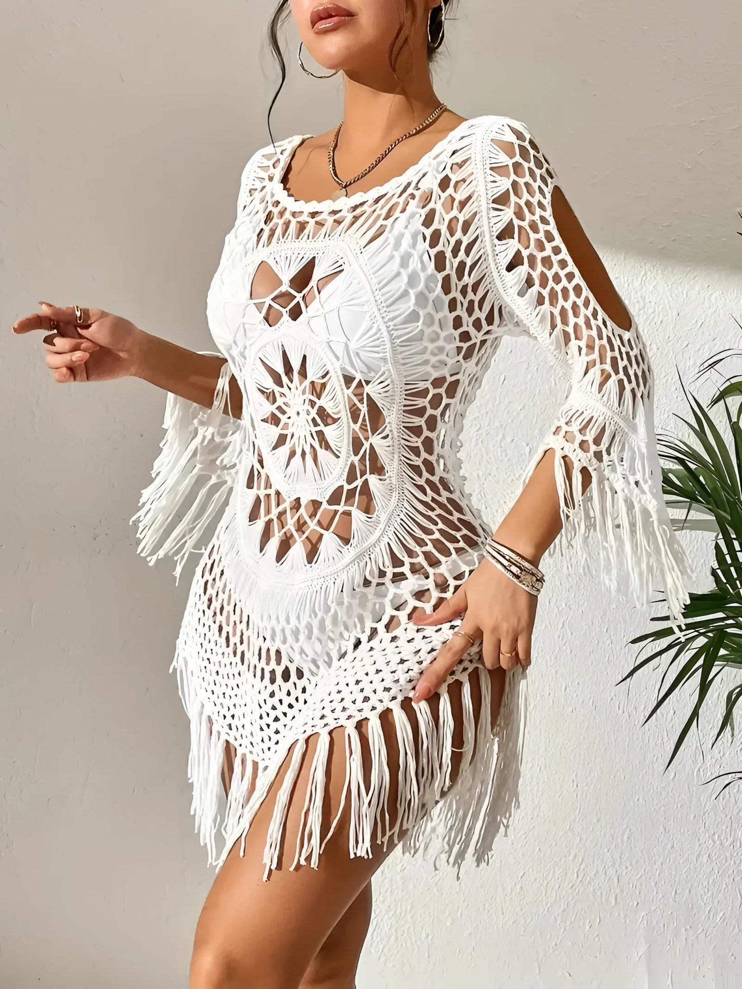 Damen Boho Fransen Häkelkleid Festival Handmade Tunika