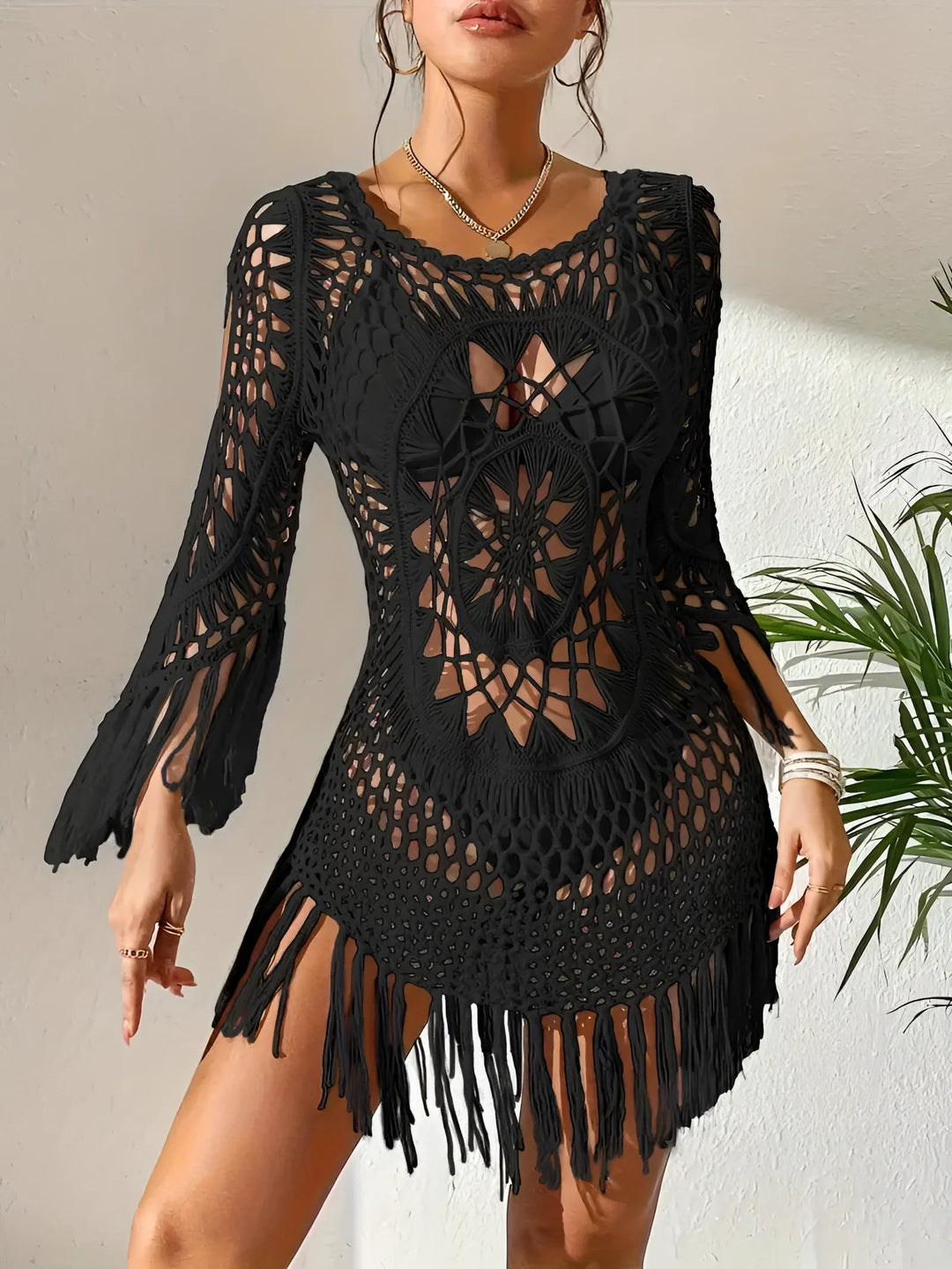 Damen Boho Fransen Häkelkleid Festival Handmade Tunika