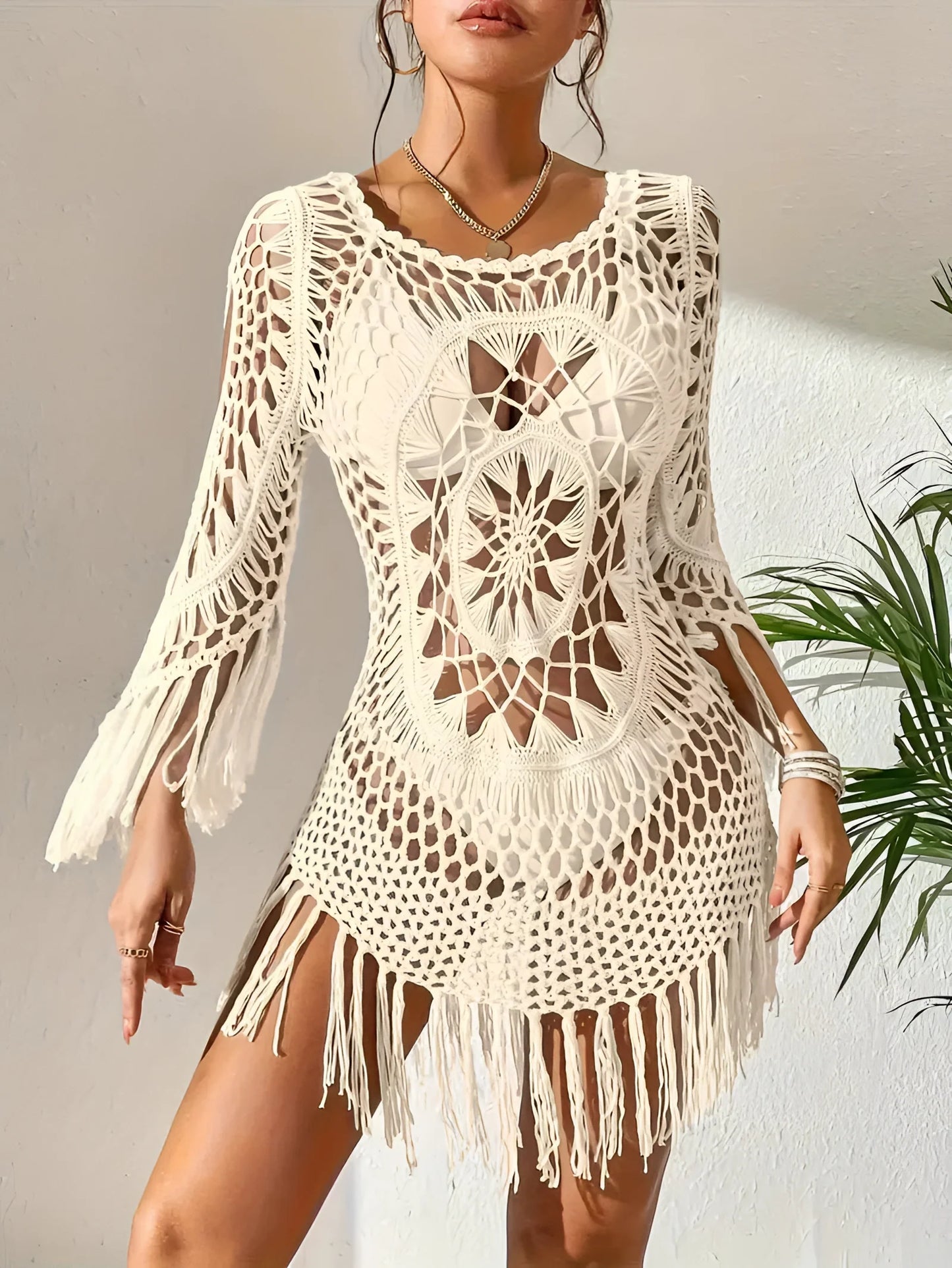 Damen Boho Fransen Häkelkleid Festival Handmade Tunika