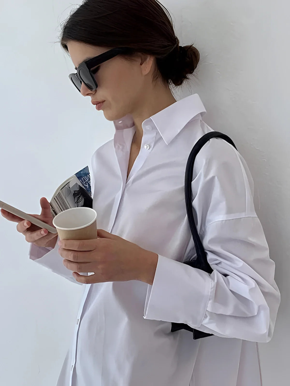 Übergroßes weißes Hemdkleid - Damen lässige Langarm-Button-Up