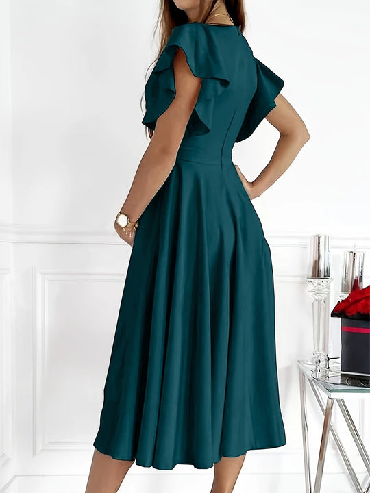 Damen Blaugrüne Midi Kleid mit Volant Ärmeln