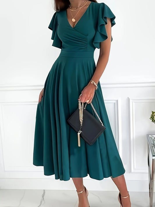 Damen Blaugrüne Midi Kleid mit Volant Ärmeln