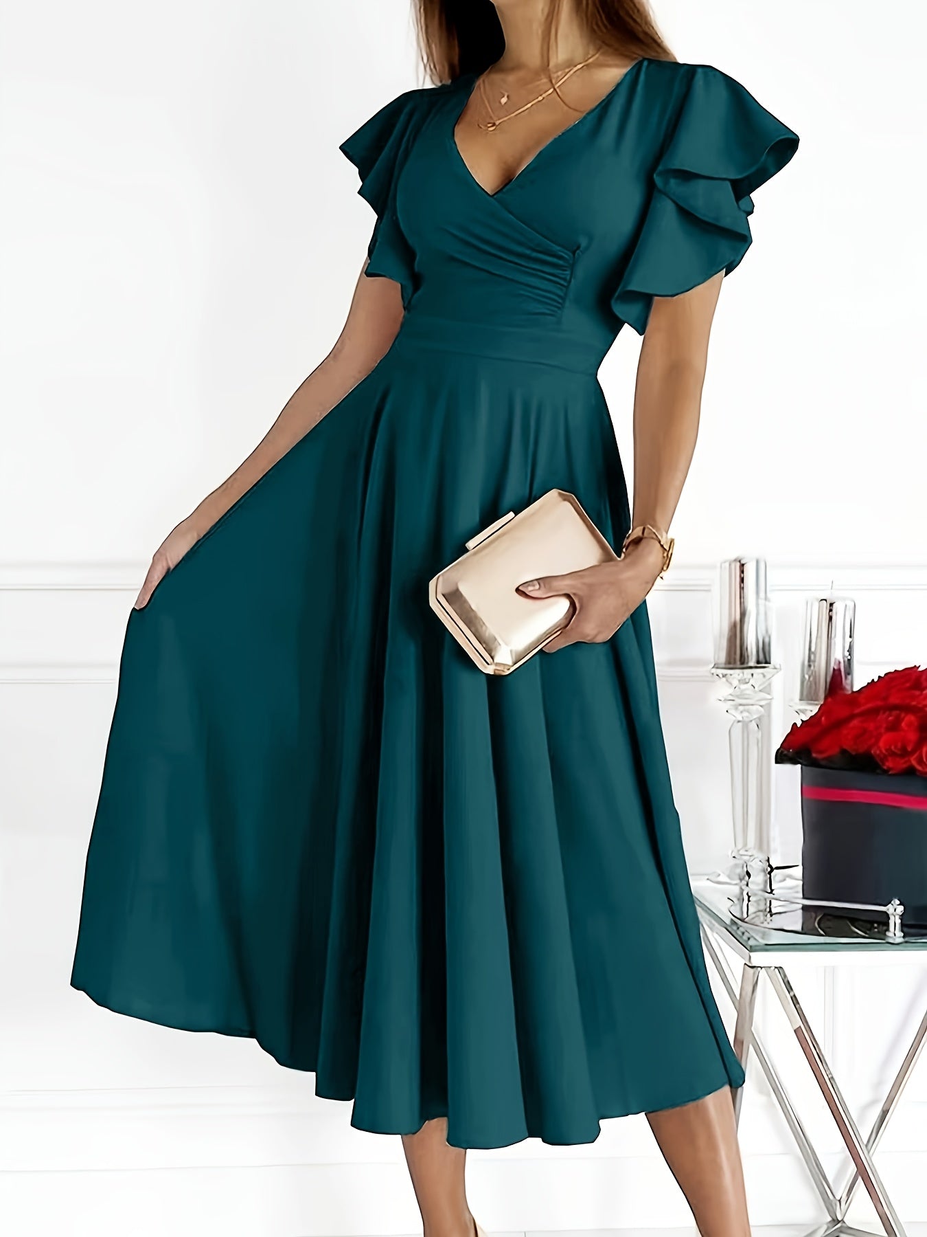 Damen Blaugrüne Midi Kleid mit Volant Ärmeln