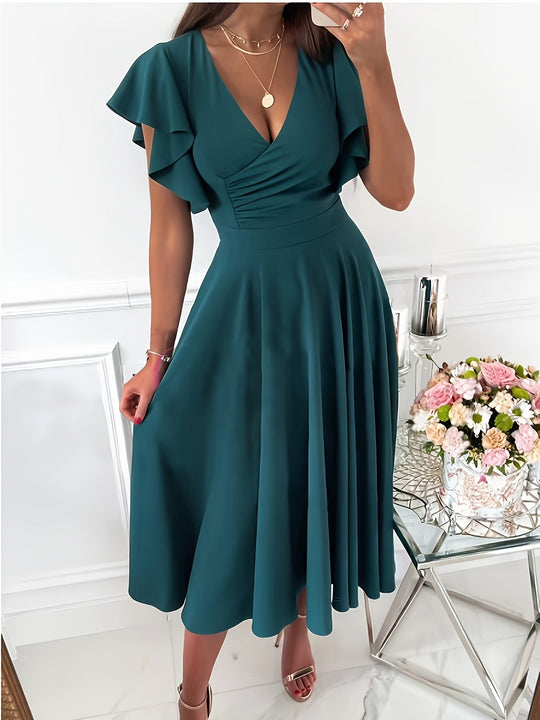 Damen Blaugrüne Midi Kleid mit Volant Ärmeln