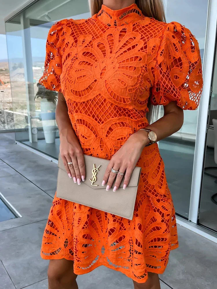 Kleid Stickerei Puffärmel Klassisch