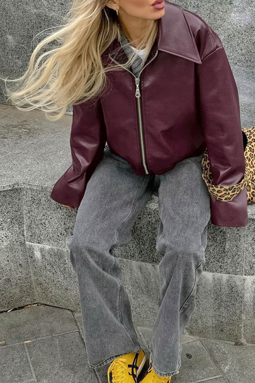 Jacke Pu Weinrot Reißverschluss Eleganz