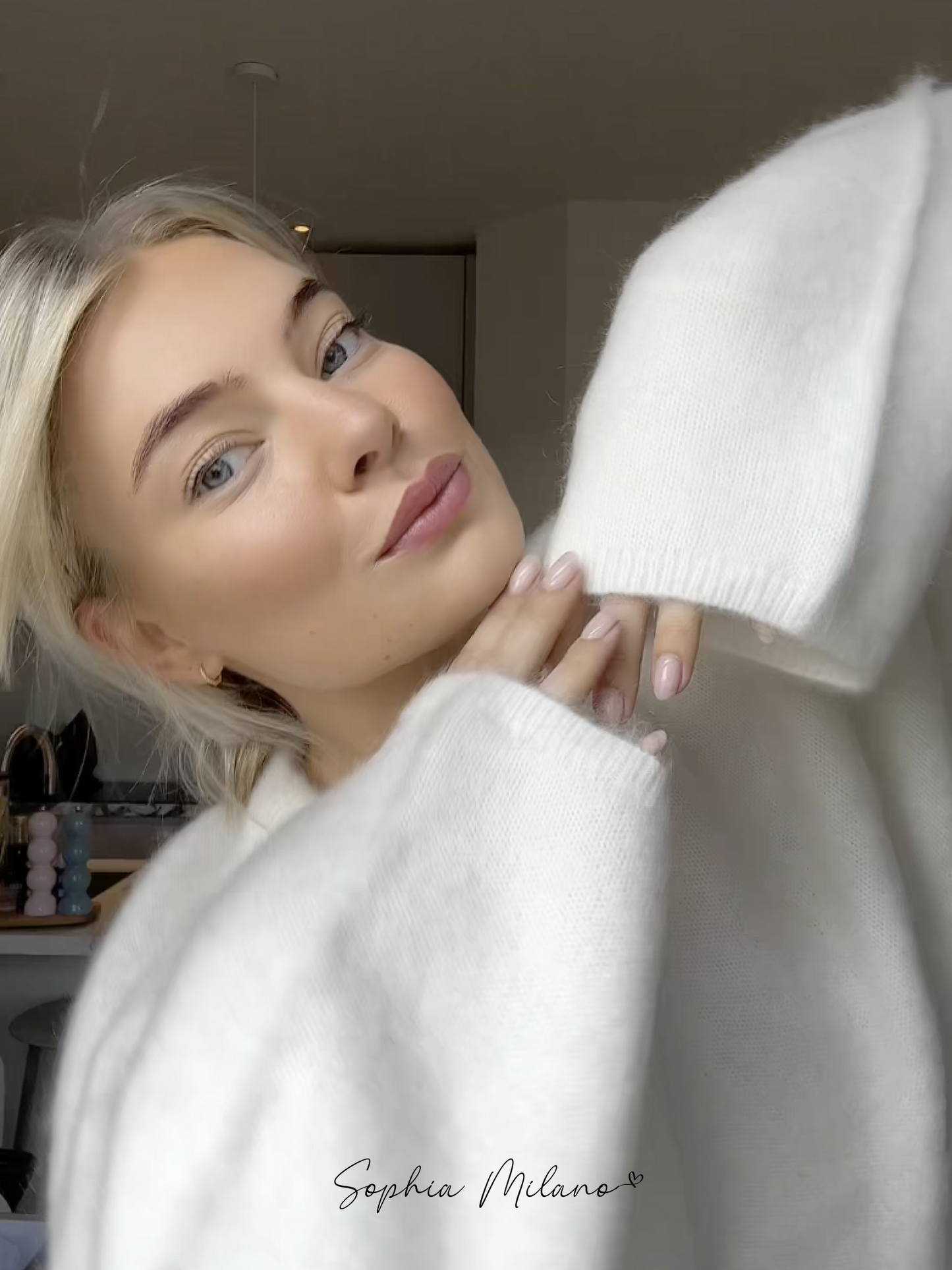 Damen Pullover Rundhals Mohairmix Creme Grau Weite Passform