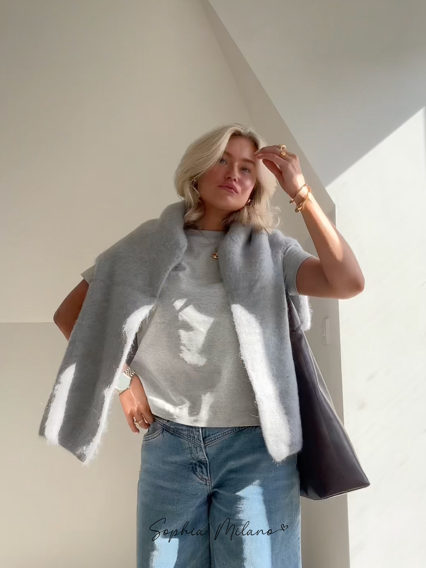 Damen Pullover Rundhals Mohairmix Creme Grau Weite Passform