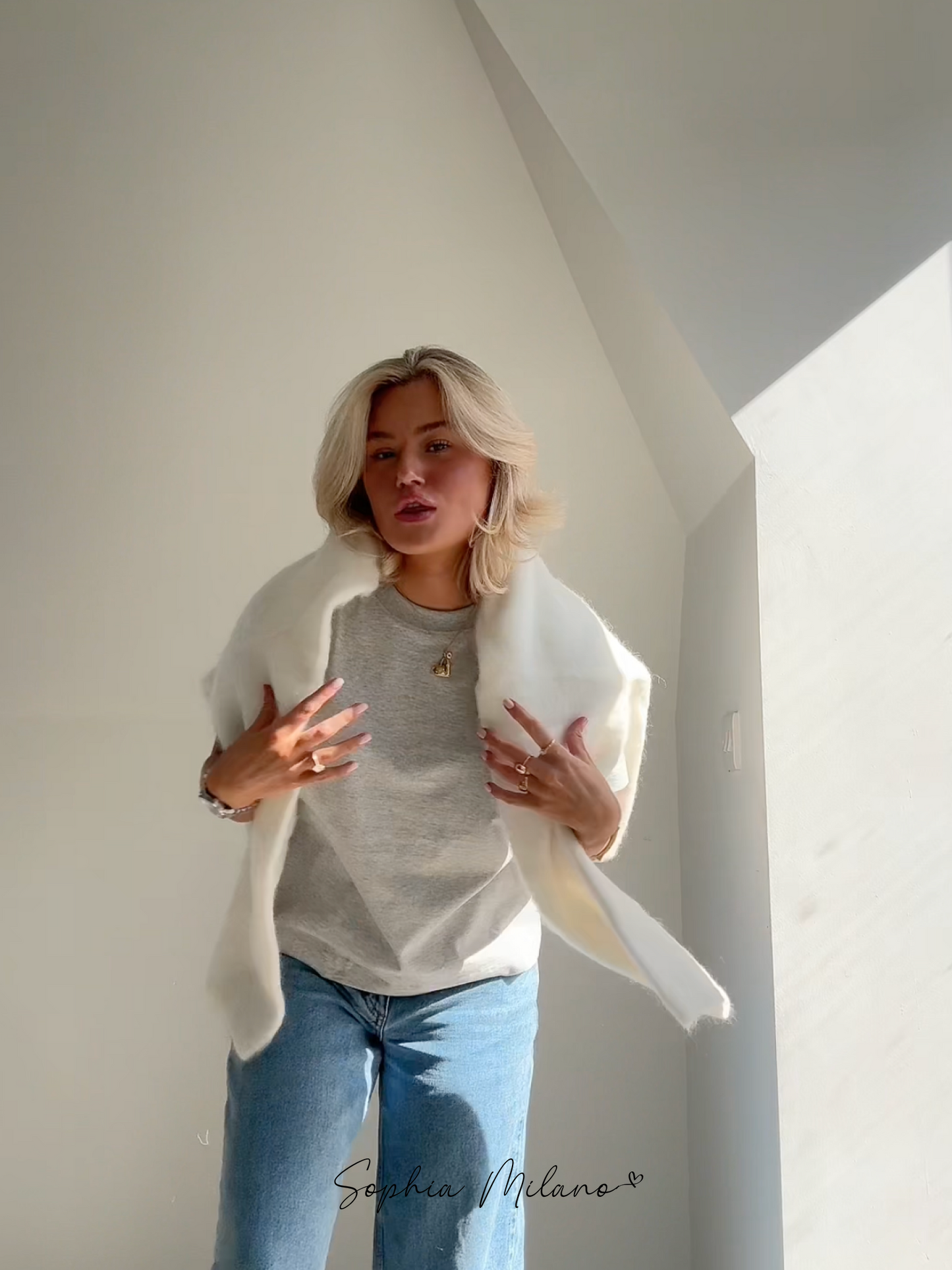 Damen Pullover Rundhals Mohairmix Creme Grau Weite Passform