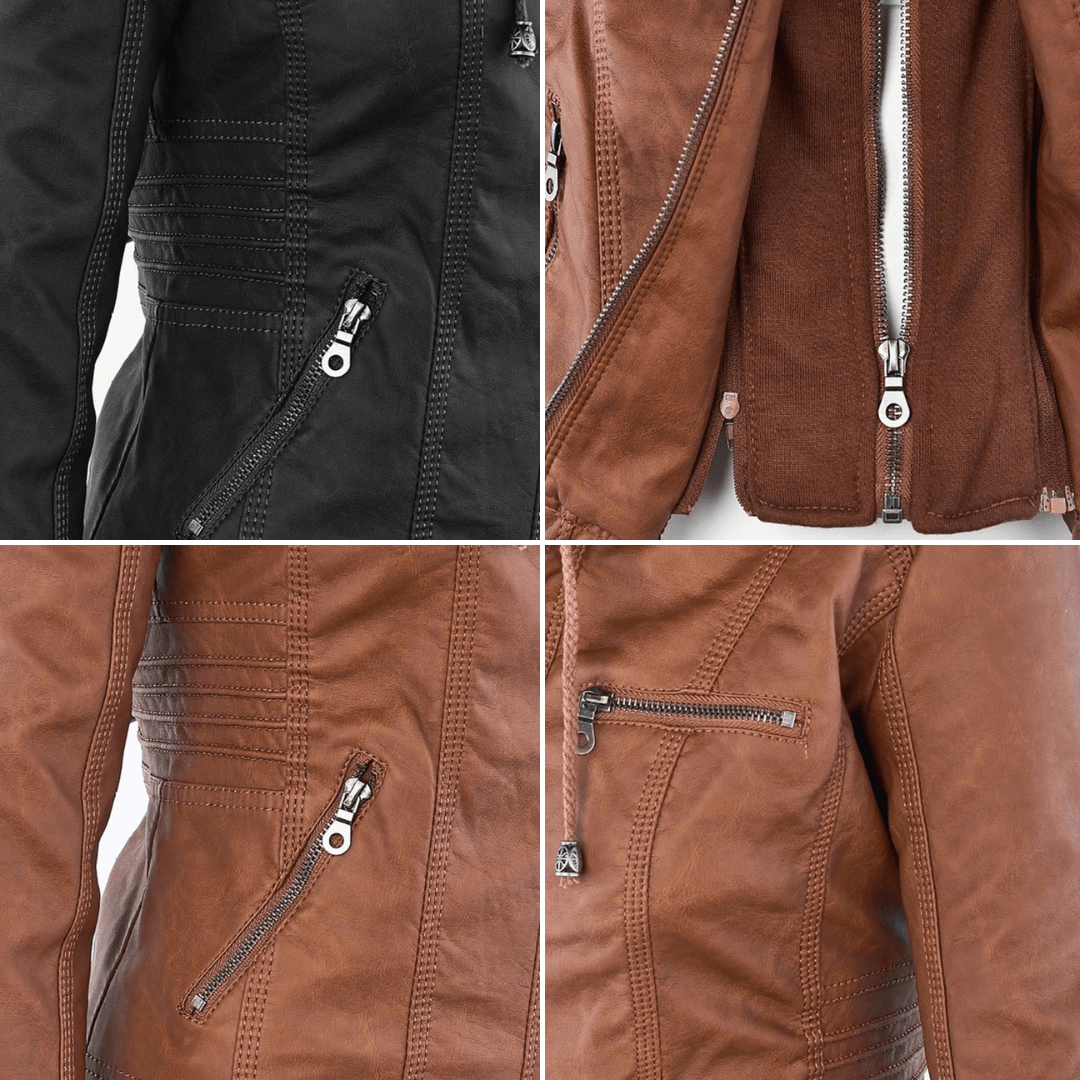 Damen Stylische Kapuzenlederjacke Mit Doppeltem Futter