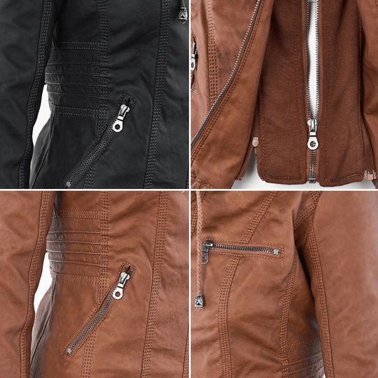 Damen Stylische Kapuzenlederjacke Mit Doppeltem Futter