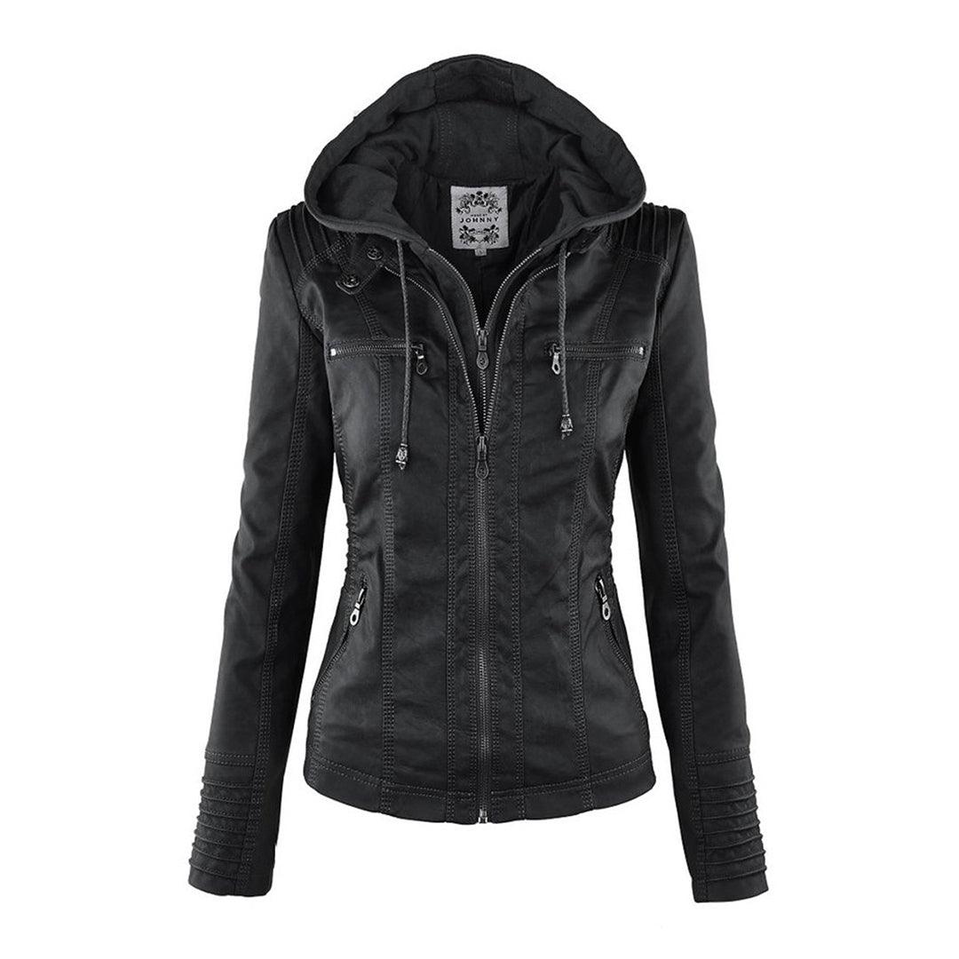 Damen Stylische Kapuzenlederjacke Mit Doppeltem Futter
