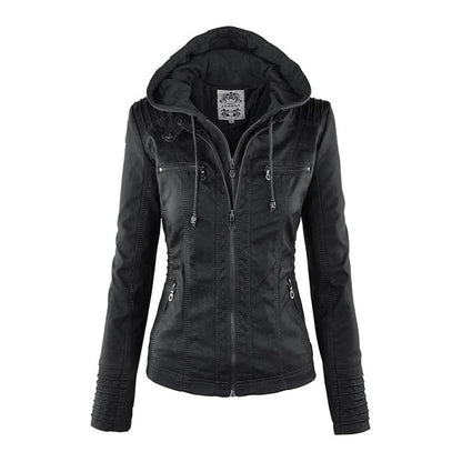 Damen Stylische Kapuzenlederjacke Mit Doppeltem Futter