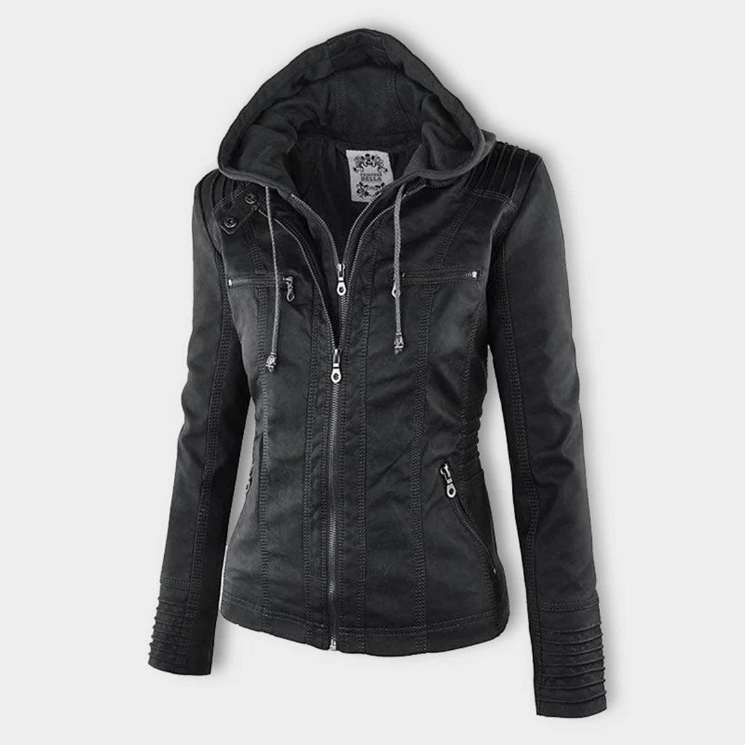 Damen Stylische Kapuzenlederjacke Mit Doppeltem Futter