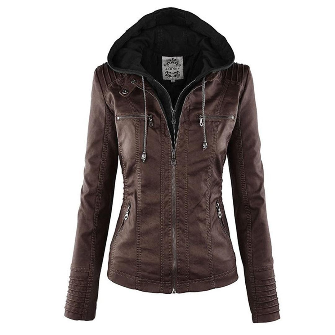 Damen Stylische Kapuzenlederjacke Mit Doppeltem Futter