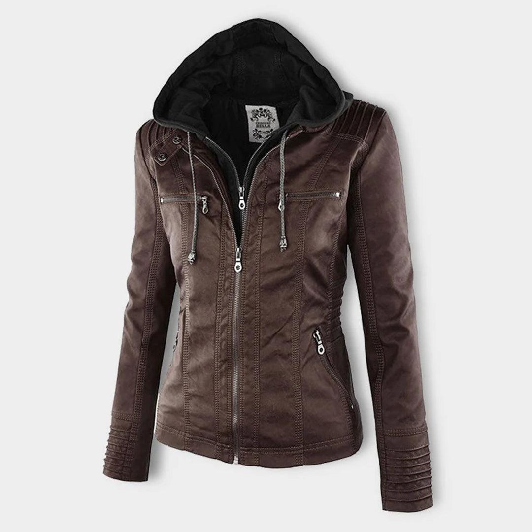 Damen Stylische Kapuzenlederjacke Mit Doppeltem Futter