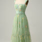 Damen Stilvolles Langes Grünes A-Linien Ballkleid Mit Stickerei