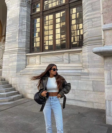 Lederjacke Kurz Lässig Damen Retro