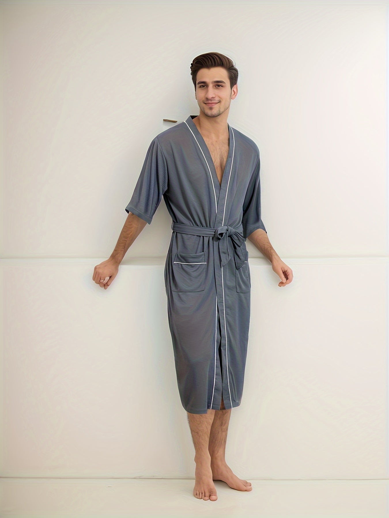 Fudus | Stylische Herrenbademantel Mit Kurzen Ärmeln Und Doppelten Taschen