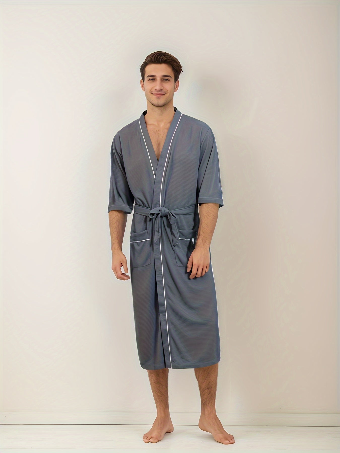 Fudus | Stylische Herrenbademantel Mit Kurzen Ärmeln Und Doppelten Taschen