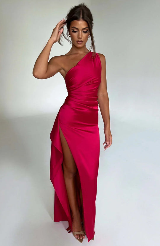 Damen Elegantes One Shoulder Satin Split Kleid