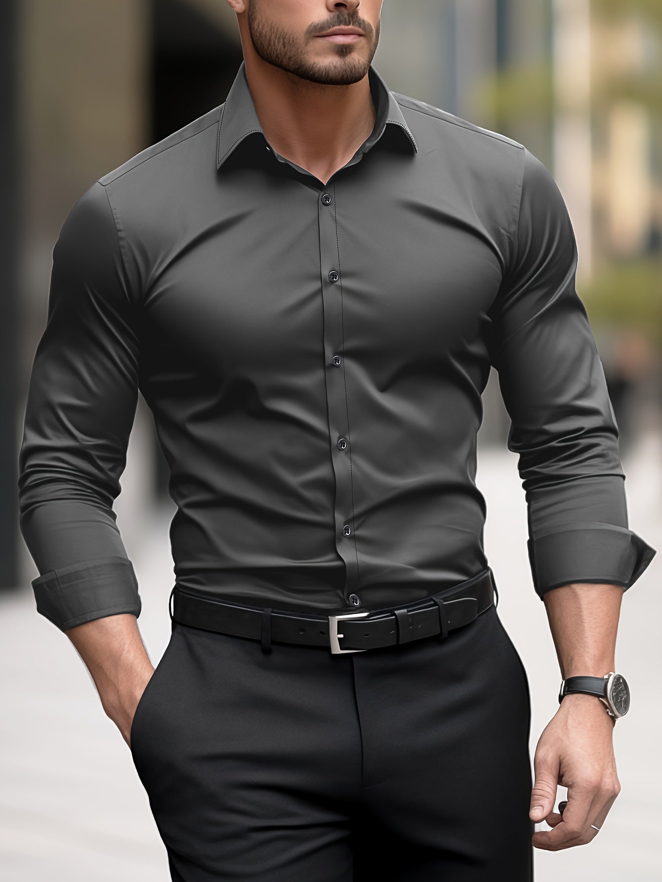 Fudus Herren Slim Fit Hemd - Einfarbiges Elegantes Langarmhemd