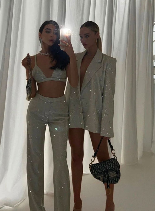 Glitzer Party Anzug Damen Blazer Hose Top
