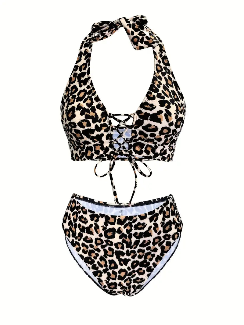 Damen Leoparden Print Halter Bikini Satz