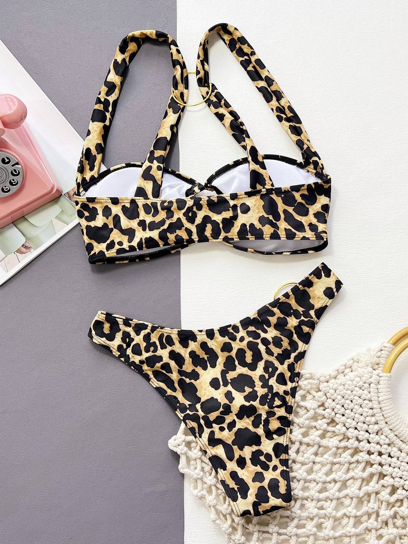 Damen Leopard Ring-Detail Bikini-Set