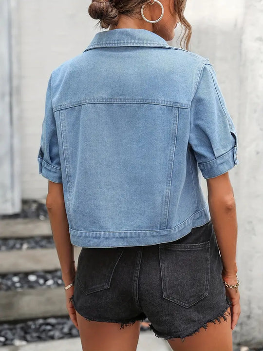Damen Stylische Kurzärmelige Jeansjacke Mit Knöpfen Taschen